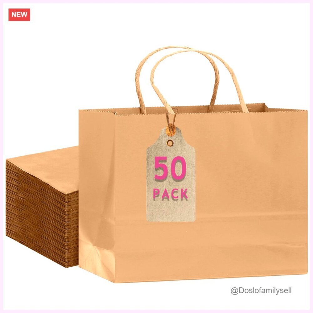 50 Pack Large Kraft Paper Gift Bags with Handles 12.6x4.3x10 Party Favors
